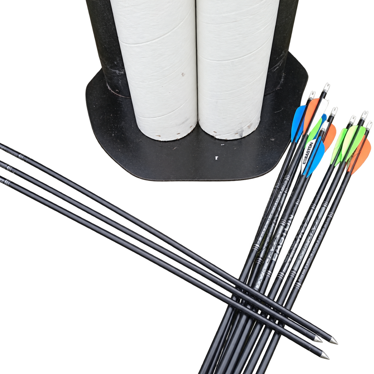 Easton Jazz Black duralové šípy s barevnými plastovými letkami v černo-bílém stojanu